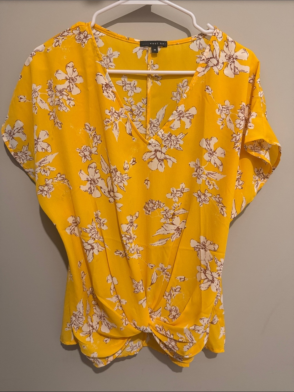 West Kei Yellow Floral Twist-Front V-Neck Blouse
